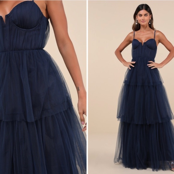 LULU's Prom Wedding Boho Sexy Elegant Tiered Ruffles Tulle Chic Boho Maxi Dress - Picture 3 of 5